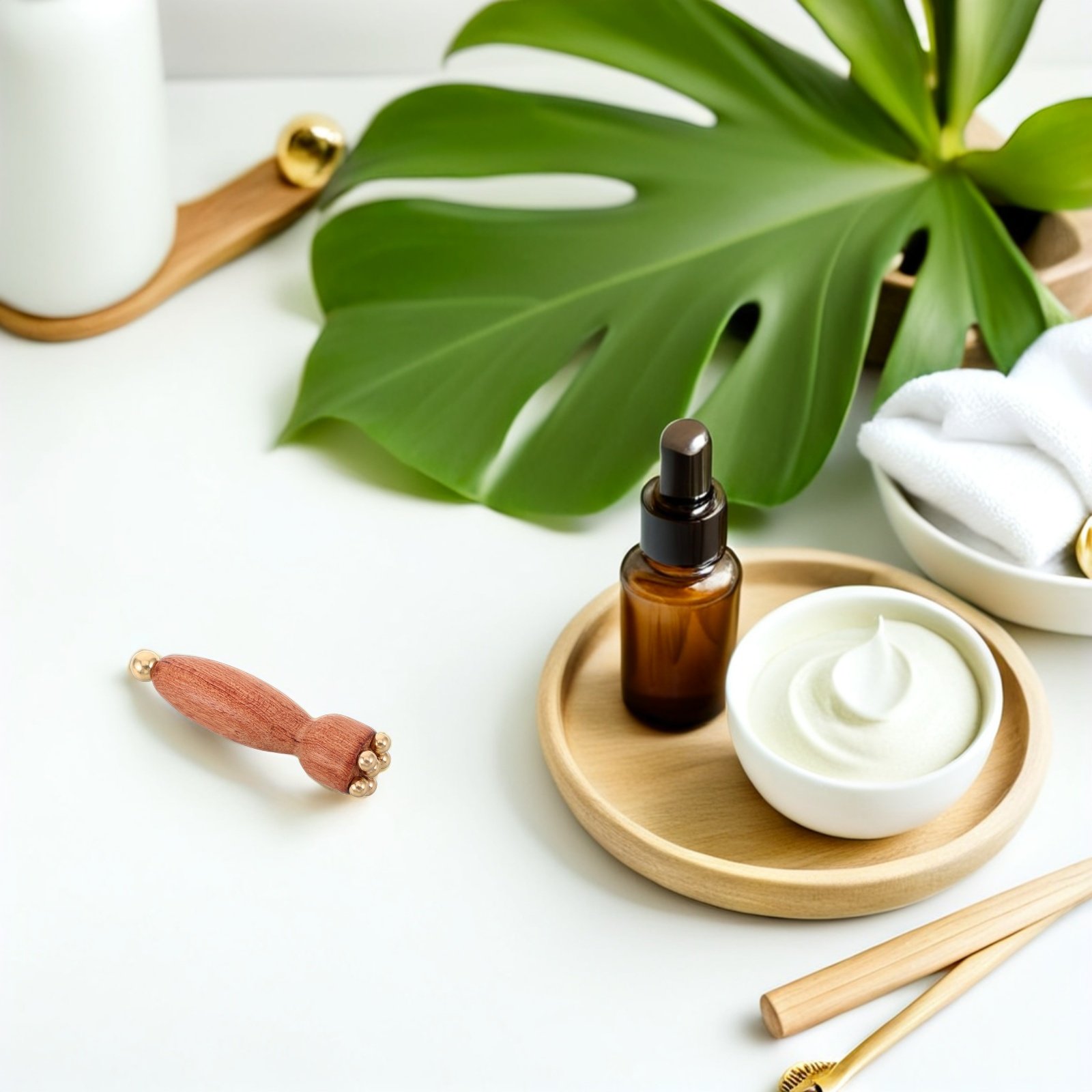 Spa Massager - เครื่องมือนวดตาไม้พร้อมลูกปัดทองแดง รูปทรงดอกบัวขนาดเล็ก สำหรับนวดใต้ตาและใบหน้า ช่วยลดอาการบวม