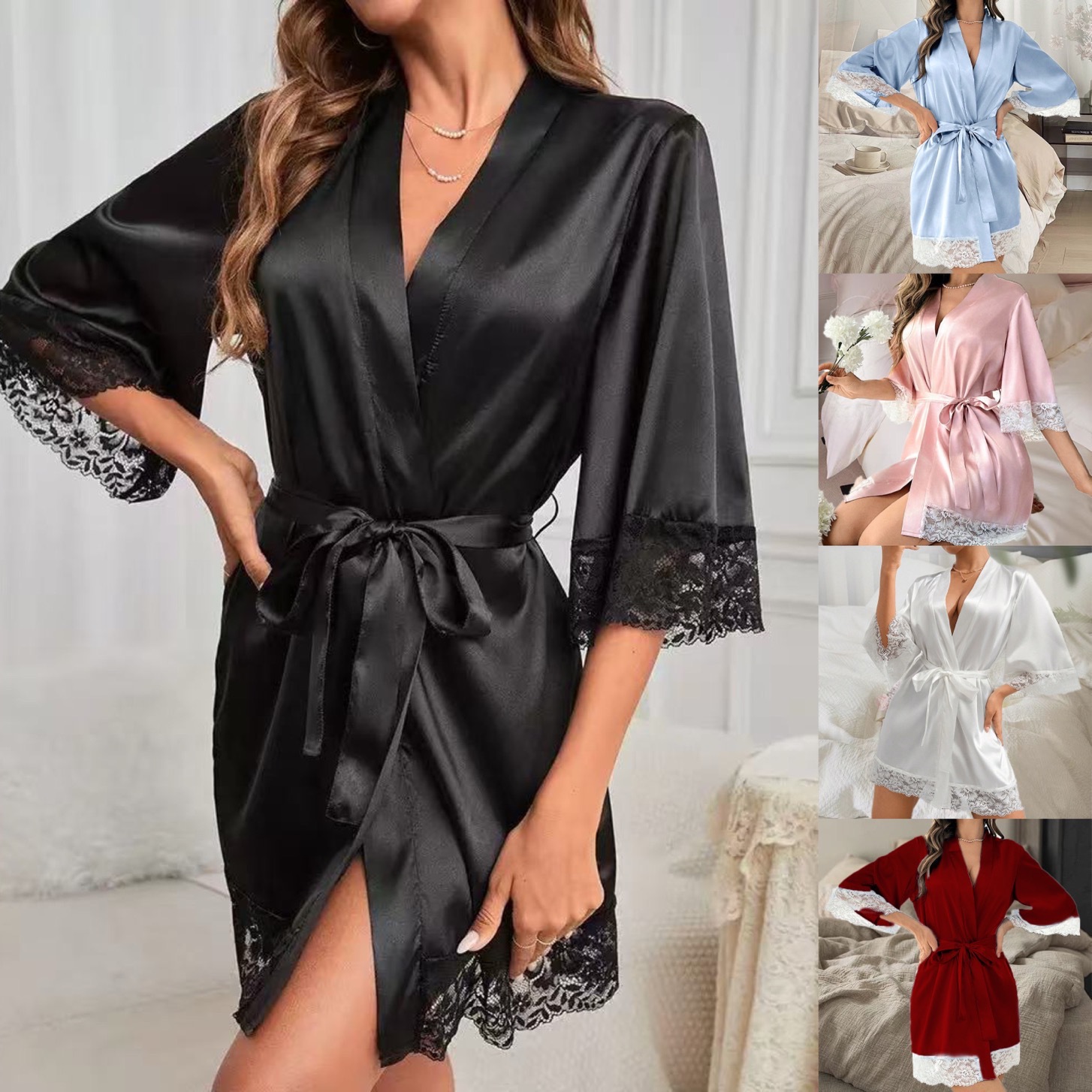 Bathrobe - ชุดคลุมอาบน้ำเจ้าสาวสไตล์ยุโรปและอเมริกา ชุดนอนลำลองแบบผูกเชือกสำหรับใส่ในบ้าน